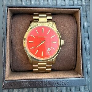 Michael Kors Gold Tone Watch with Red Dial and Bracelet